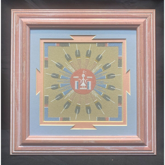 Vintage Native American Sun and Eagle Sand Painting Picture Art Signed - Picture 1 of 4